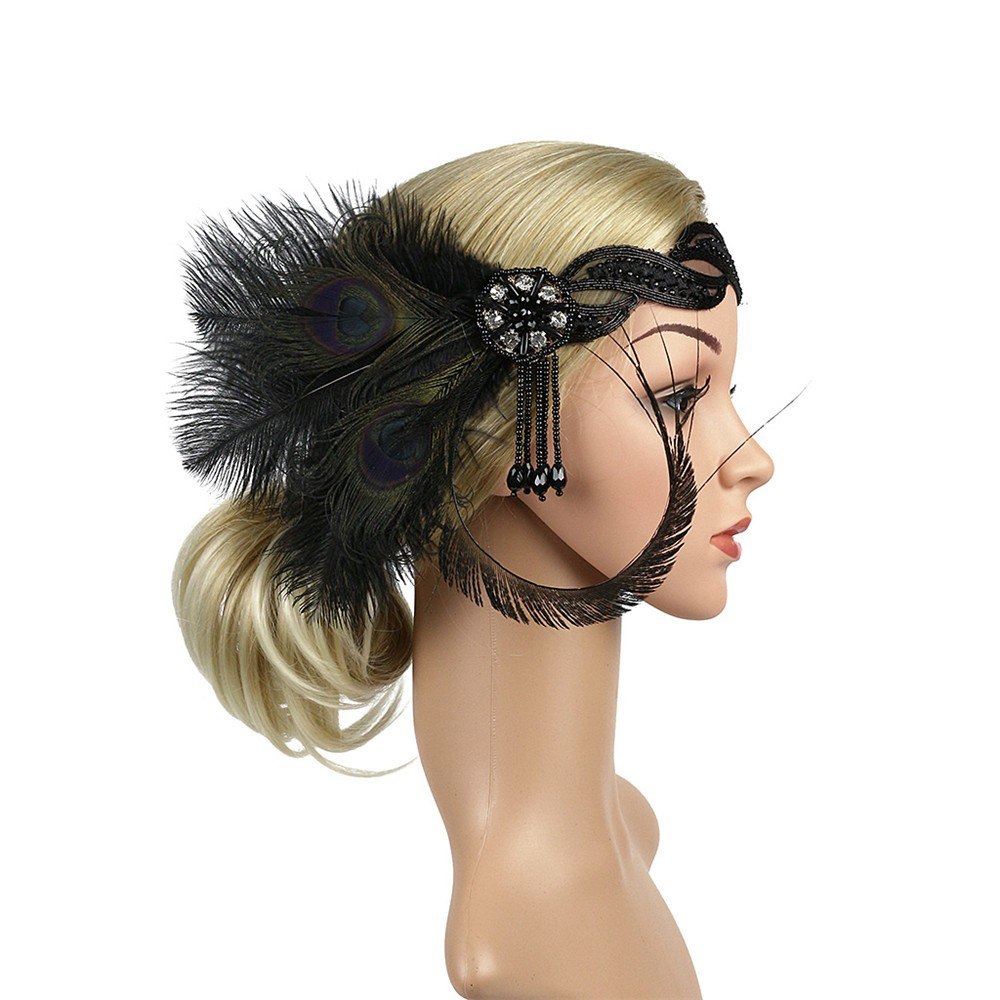 Great Gatsby 1920's Flapper Feather Headdress Fancy Dress - Black Peacock (Style 9)