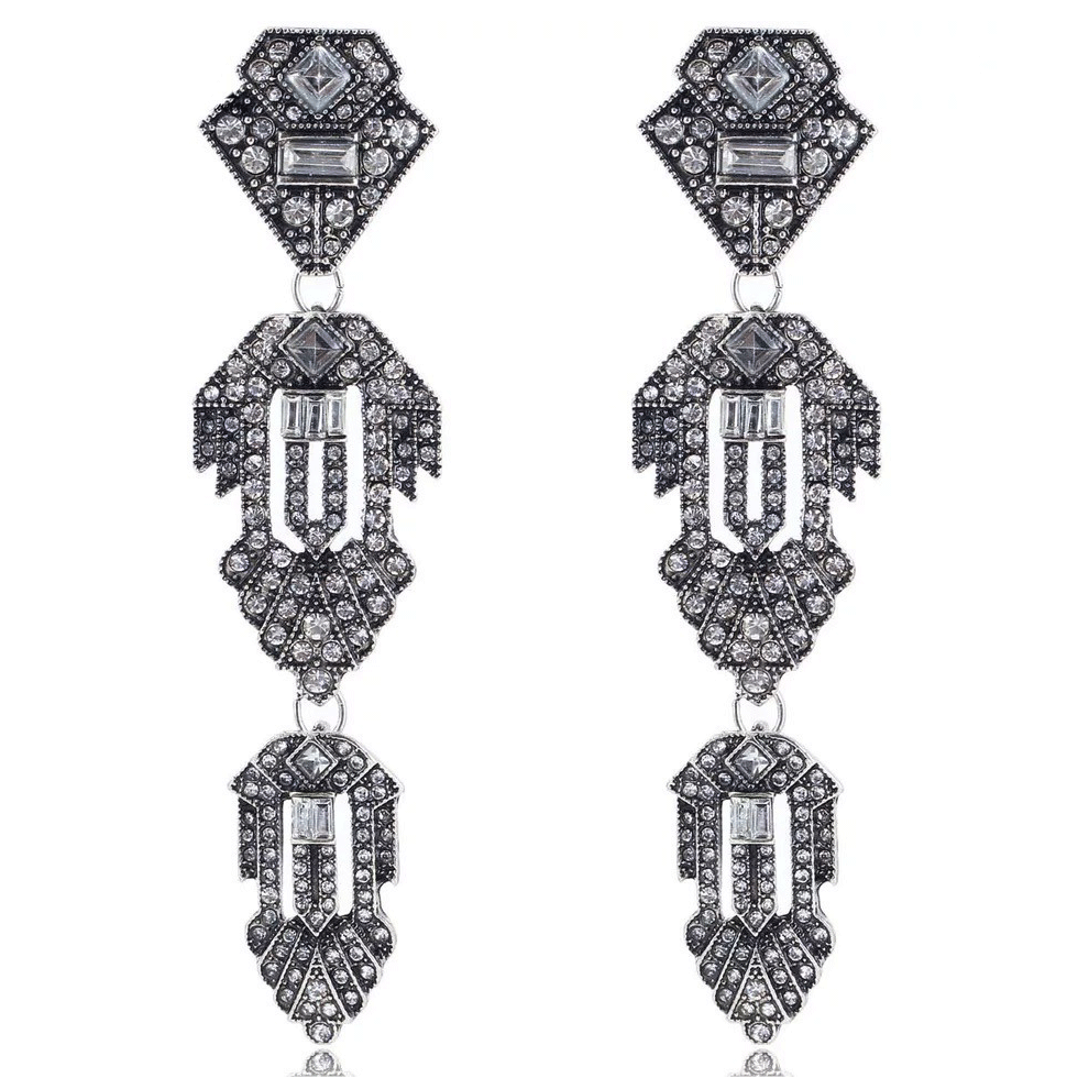 Great Gatsby 1920's Crystal Rhinestone Art Deco Drop Earrings - Black (Style 29)