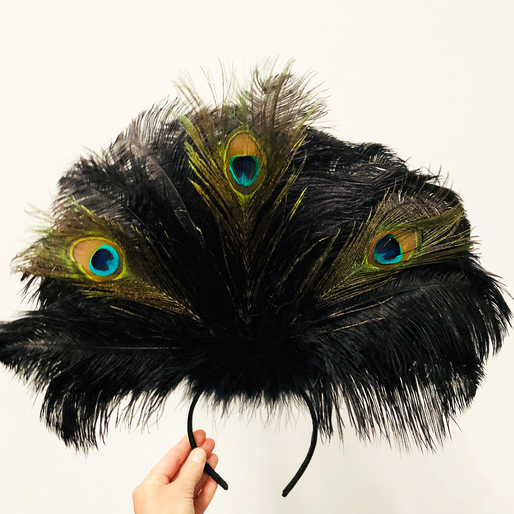 Natural Peacock & Ostrich Feather Drab Carnival Showgirl Costume Headdress - Black
