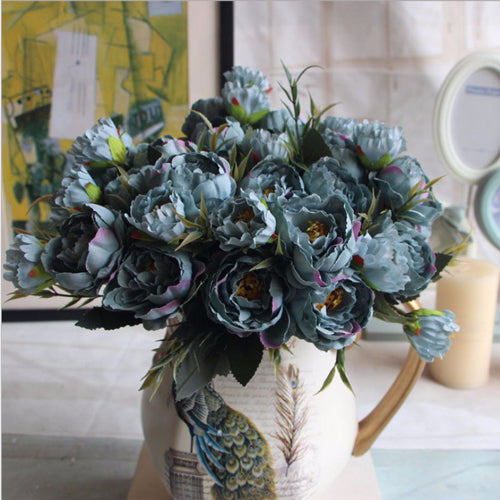 Artificial Silk Ruffled Peony Flower Bouquet Bunch - Blue