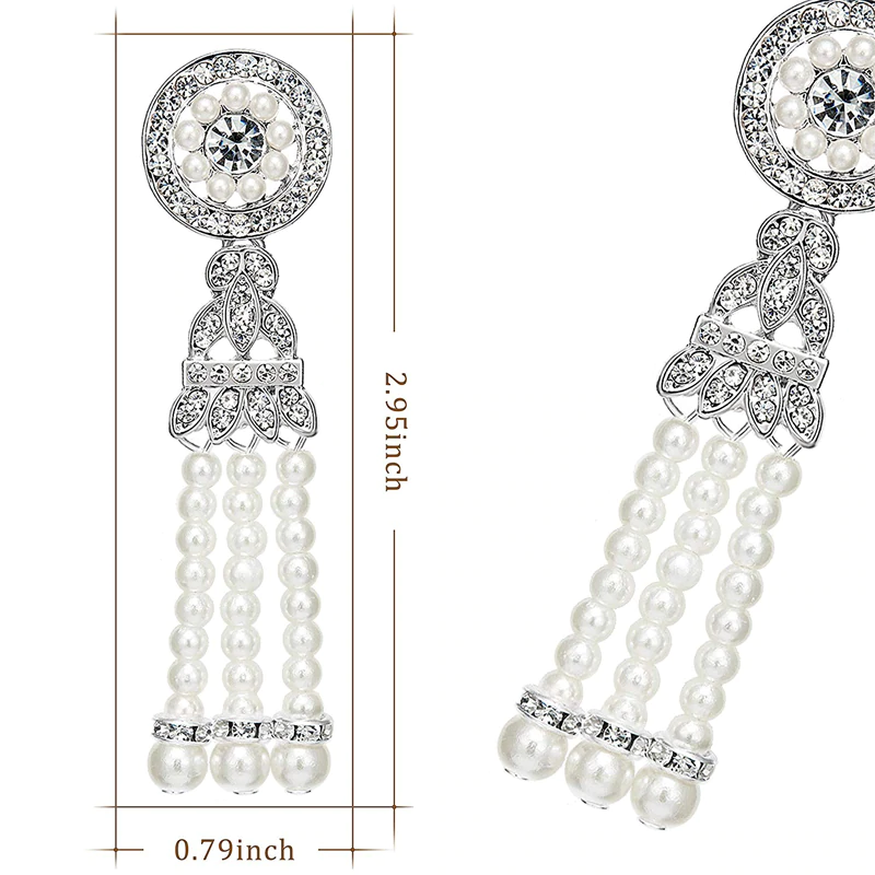 Great Gatsby 1920's Crystal Rhinestone and Pearl Drop Earrings - Silver (Style 4)