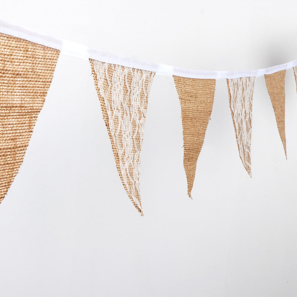 Wedding Party Vintage Rustic Lace & Burlap Hessian Bunting Garland - White