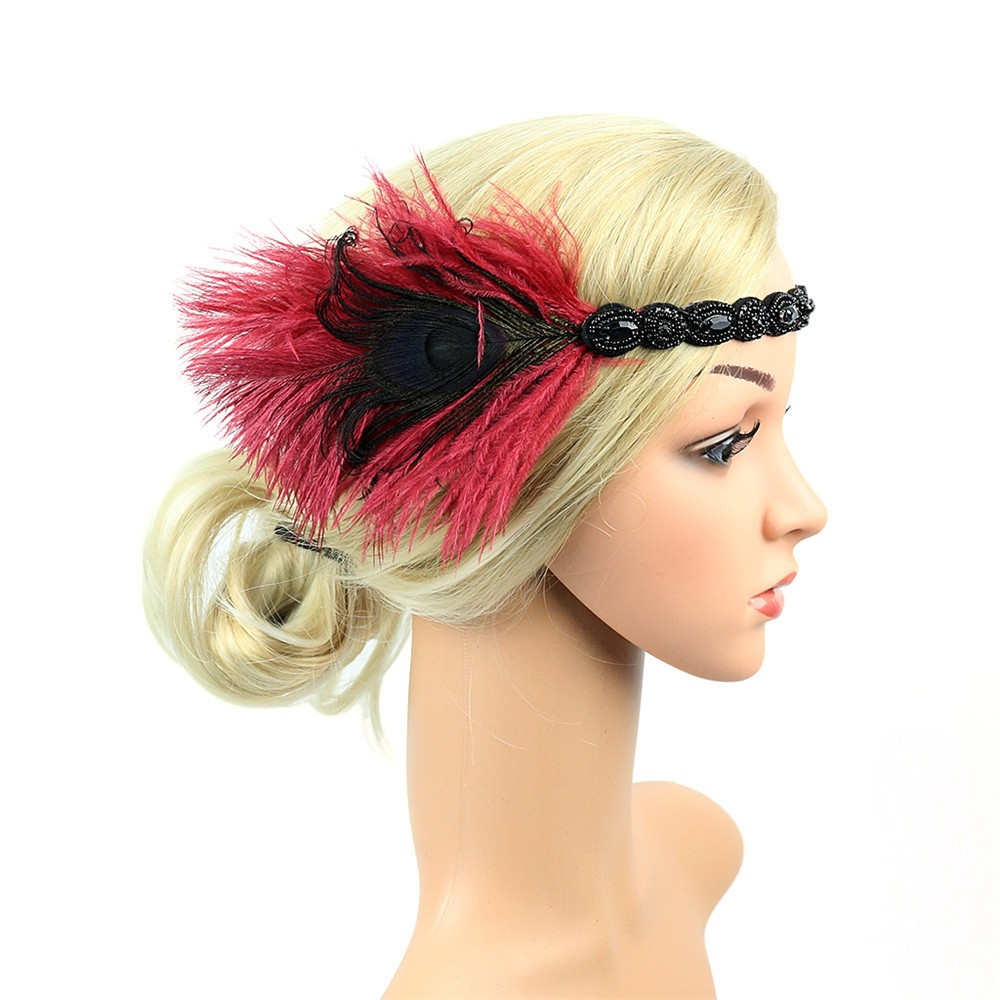 Great Gatsby 1920's Flapper Feather Headdress Fancy Dress - Red (Style 10)