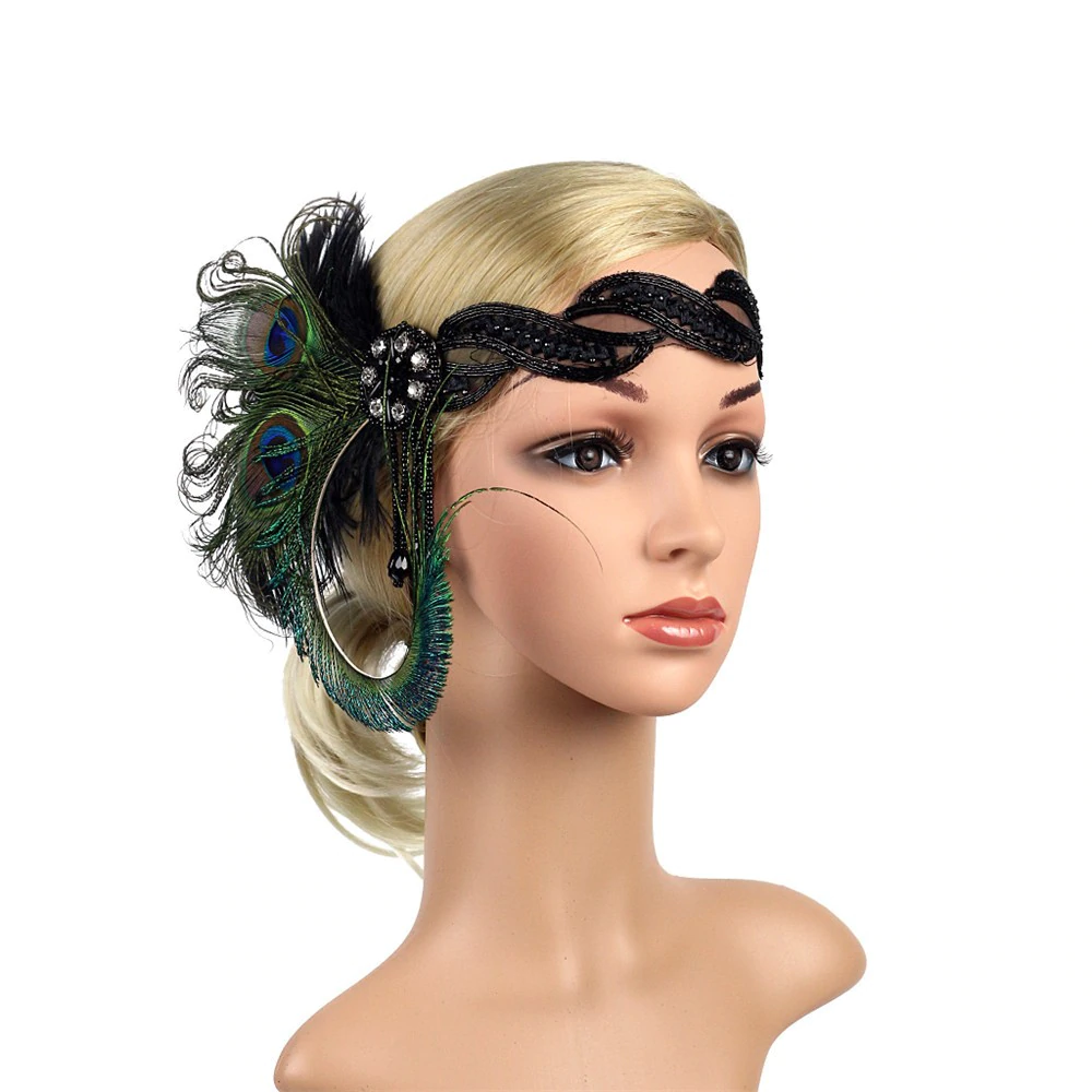 Great Gatsby 1920's Flapper Feather Headdress Fancy Dress - Natural Peacock (Style 9)