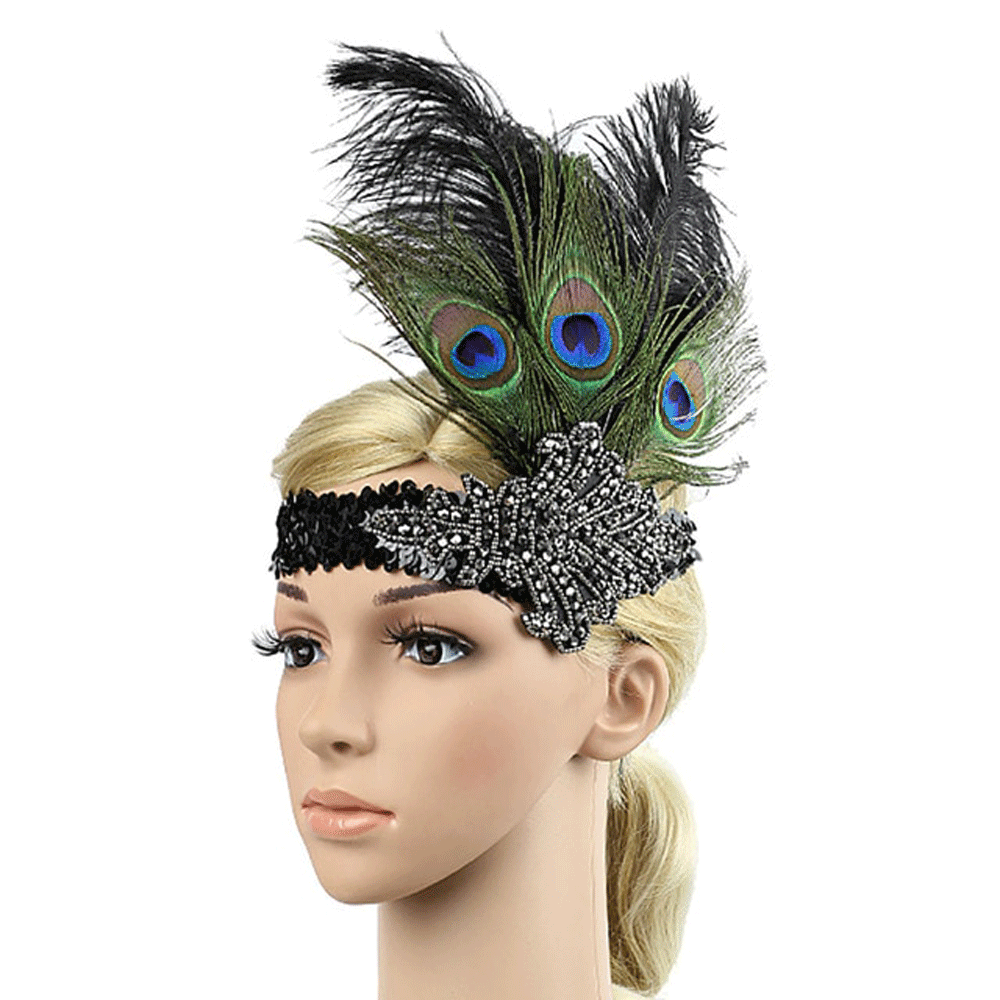 Black gatsby headband with ostrich and peacock feathers