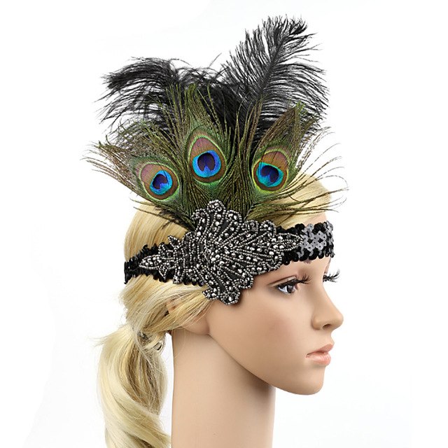 Black gatsby headband with ostrich and peacock feathers