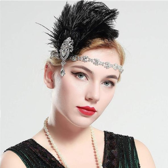 Great Gatsby 1920's Flapper Feather Headdress Fancy Dress - Black (Style 17)