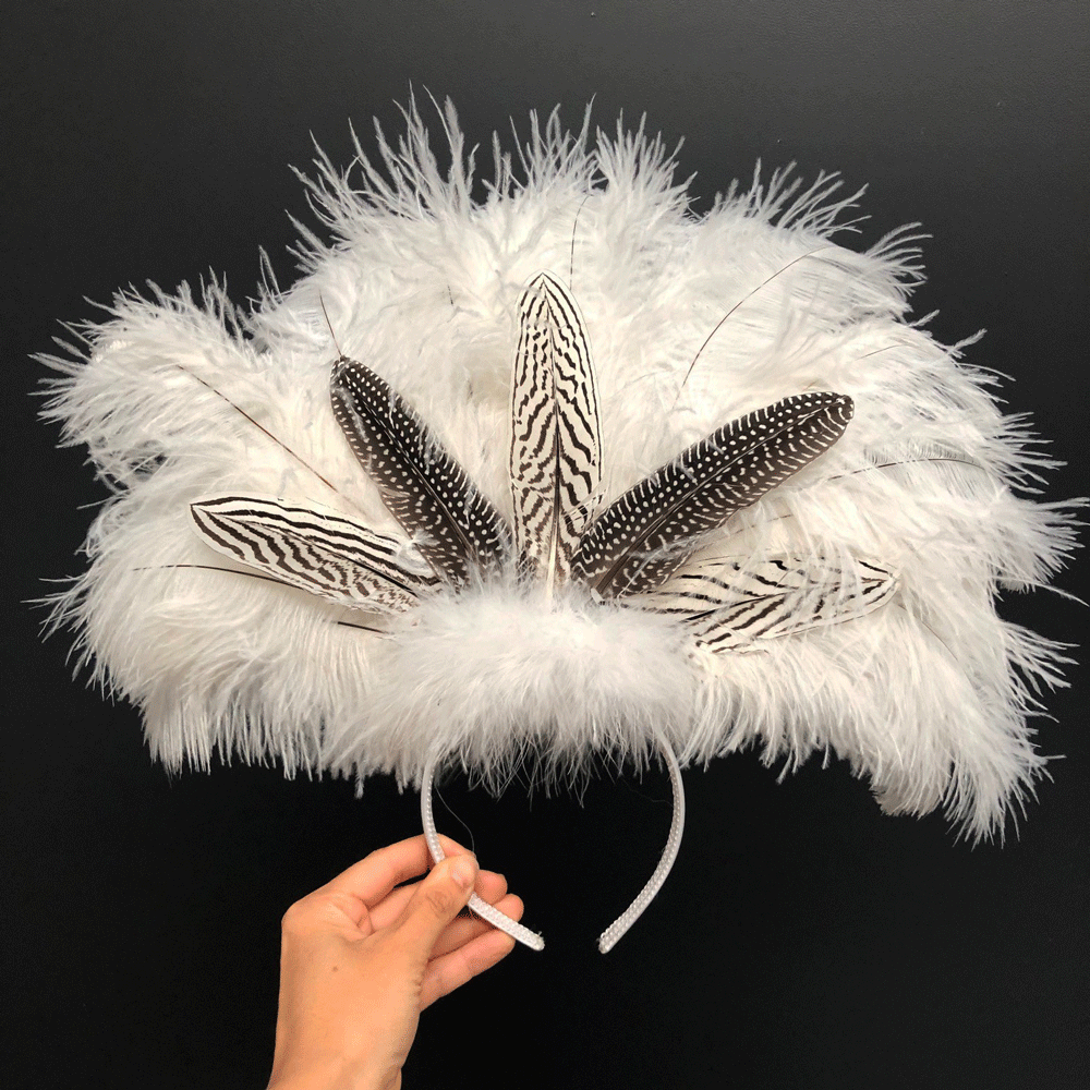 Natural Silver Amond & Guinea Ostrich Blondine Feather Showgirl Costume Headdress - White