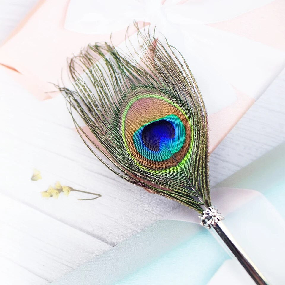 Natural Peacock Eye Feather Ballpoint Pen - Style 2