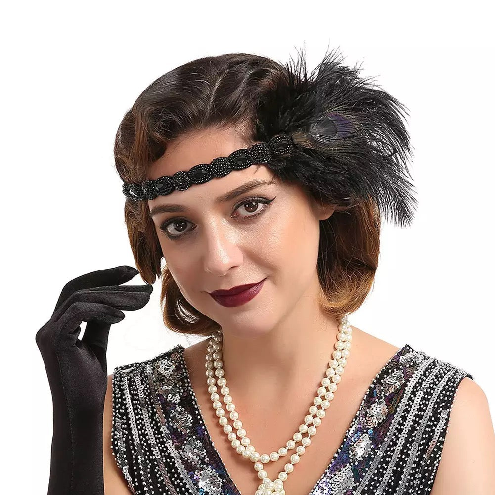 Great Gatsby 1920's Flapper Feather Headdress Fancy Dress - Black (Style 10)