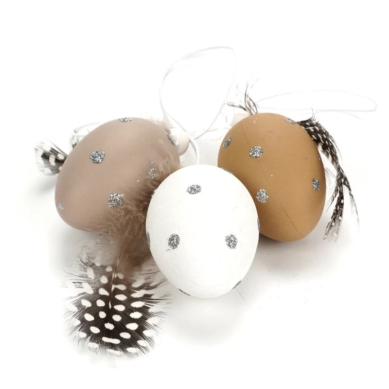 Plastic Easter Egg & Feather Ornaments 6 pcs - Natural Rustic Boho (Style 3)