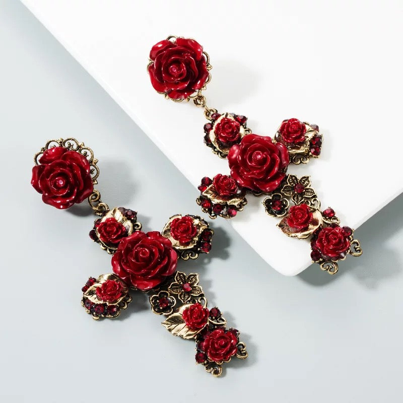 Red Rose Frida Baroque Cross Drop Earrings - Gold (Style 23)