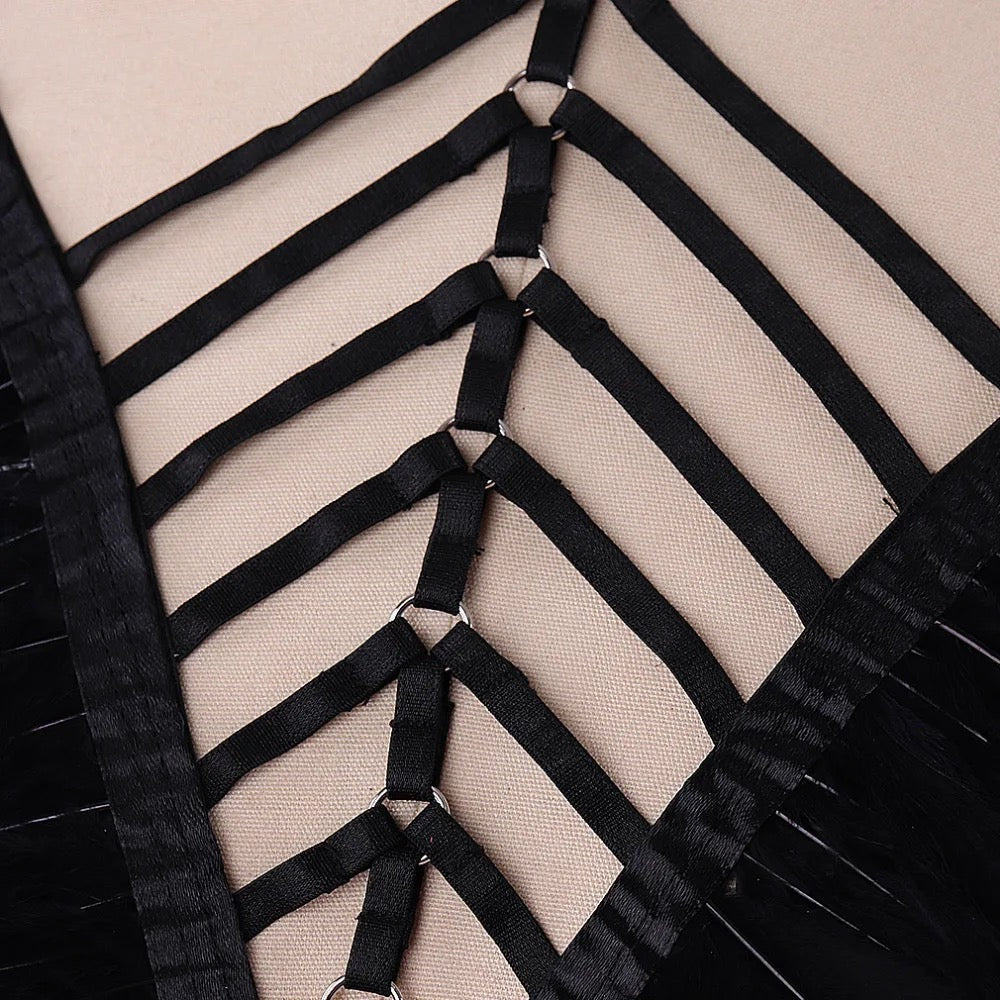 Victorian Cosplay Goth Feather Body Harness - Black (Style 14)