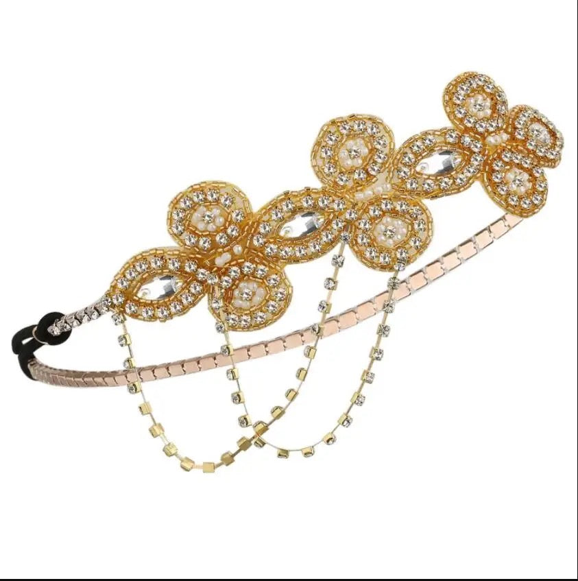 Great Gatsby 1920's Flapper Bridal Feather Headdress Fancy Dress - Gold (Style 32)