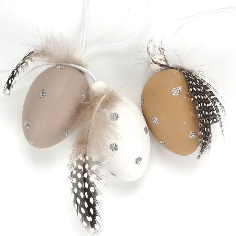 Plastic Easter Egg & Feather Ornaments 6 pcs - Natural Rustic Boho (Style 3)