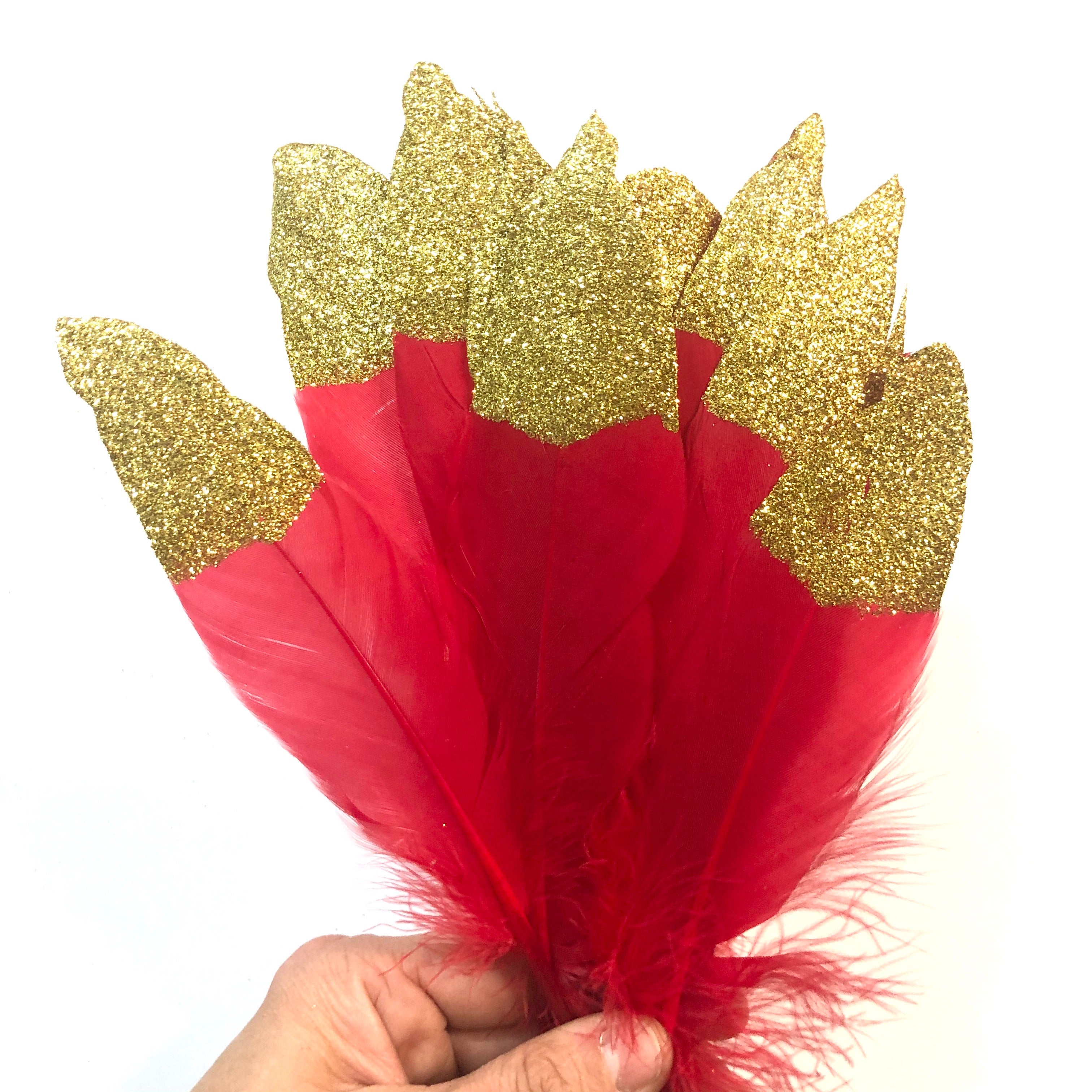 Goose Pointer Feather Gold Glitter Tipped x 10 pcs - Red