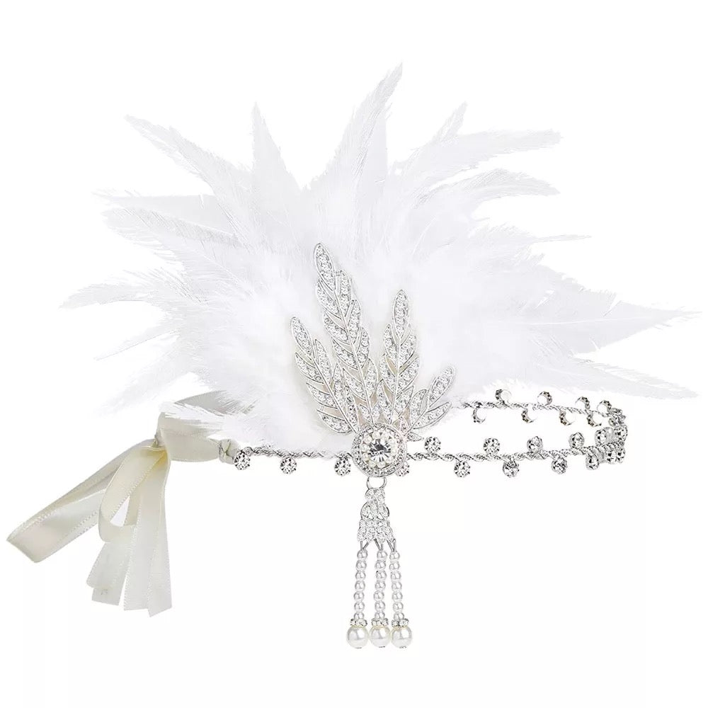 Great Gatsby 1920's Flapper Feather Headdress Fancy Dress - White (Style 19)