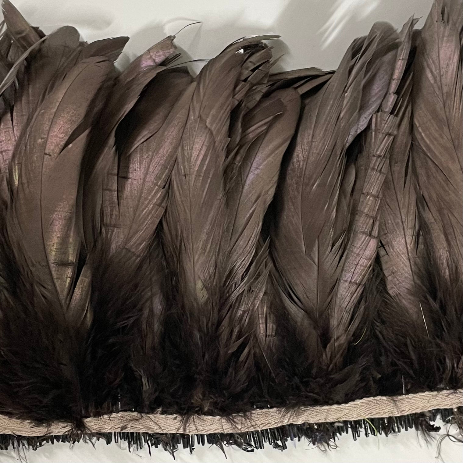 Black rooster coque tail feathers, strung, per yard / Wholesale bulk  feathers 5 -7 long price per yard