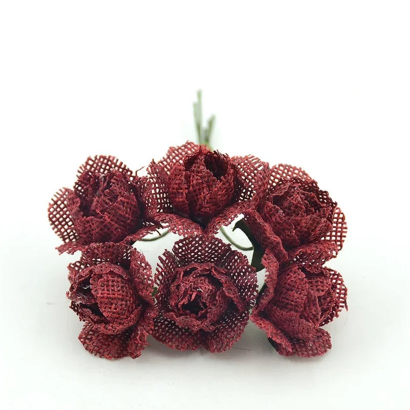 Burlap Jute Rose Flower Pick Style 7 - Burgundy Red