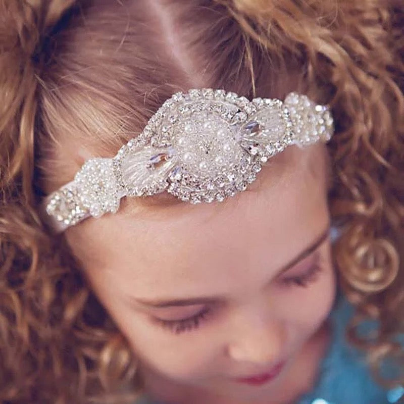 Sweet Crystal Appliqué Crown Baby Girls Christening / Baptism Nylon Headband - White (Style 6)