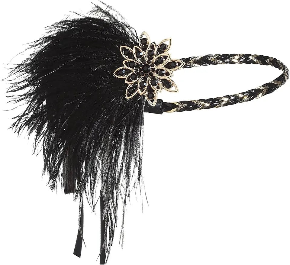 Great Gatsby 1920's Flapper Feather Headdress Fancy Dress - Black (Style 31)