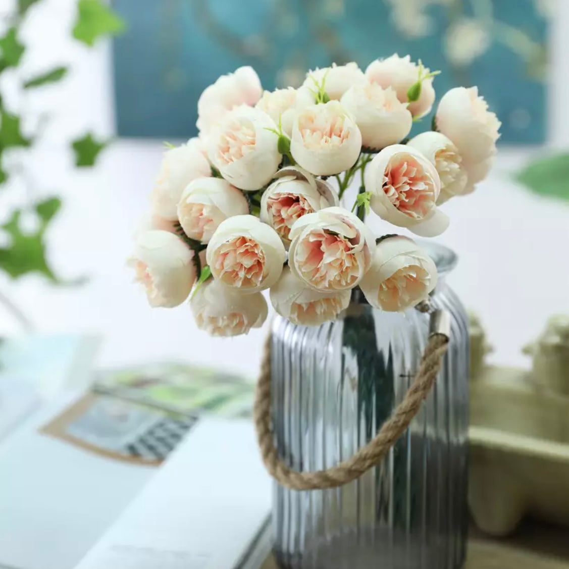 Artificial Silk Tea Rose Flower Bouquet - Champagne