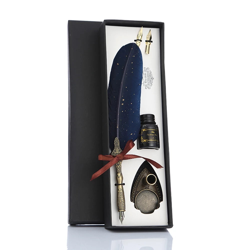 Deluxe Gift Boxed Retro Feather Calligraphy Dip Quill Pen Set - Midnight Blue with Gold Speckle Goose