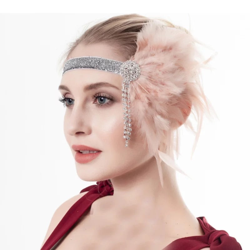Great Gatsby 1920's Flapper Feather Headdress Fancy Dress - Pink (Style 14)