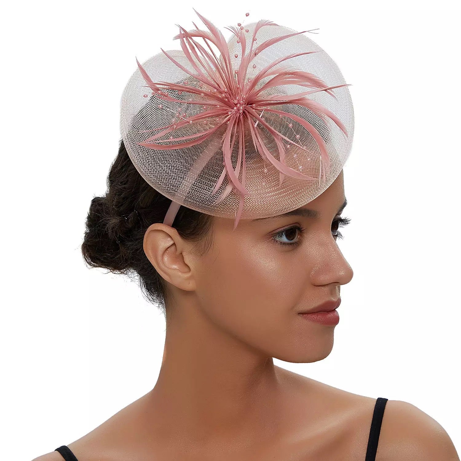 Crinoline and Feather Headband Fascinator - Pink