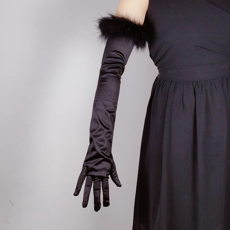 Great Gatsby 1920's Bridal Flapper Feather Black Long Satin Gloves with FEATHERS