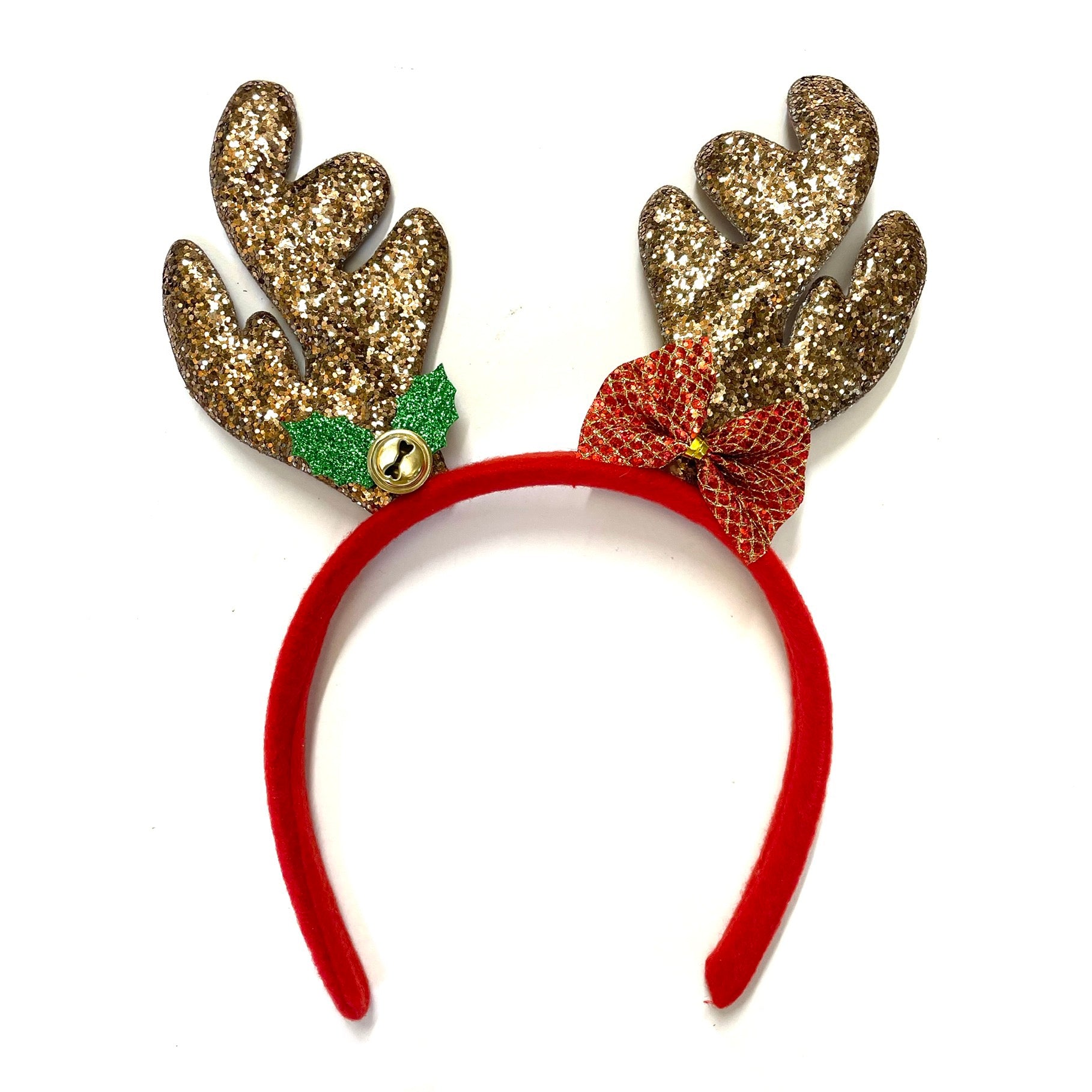 Christmas Holiday Reindeer Floral Headband Adult Child - Gold Glitter (Style 1)