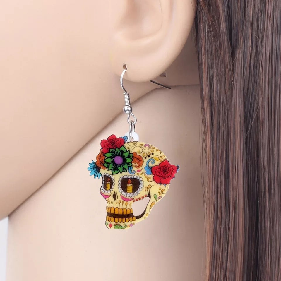 Day of the Dead Floral Sugar Skull Floral Earrings - (Style 24)
