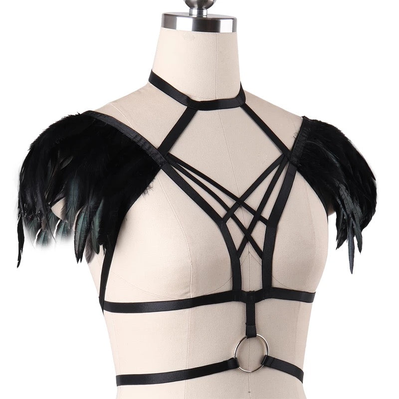 Victorian Cosplay Goth Feather Body Harness - Black (Style 12)