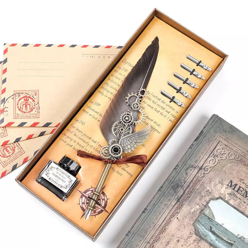 Deluxe Gift Boxed Retro Feather Calligraphy Dip Quill Pen Set - Natural Goose Flight Wing