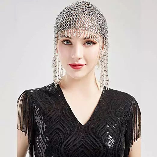 Great Gatsby 1920's Flapper Cleopatra Beaded Headdress Cap Fancy Dress - Silver (Style 28)