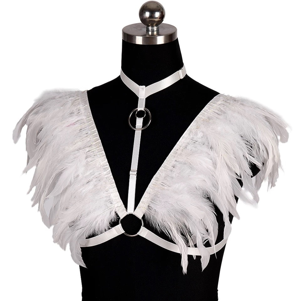 Victorian Cosplay Goth Feather Body Harness - White (Style 7)