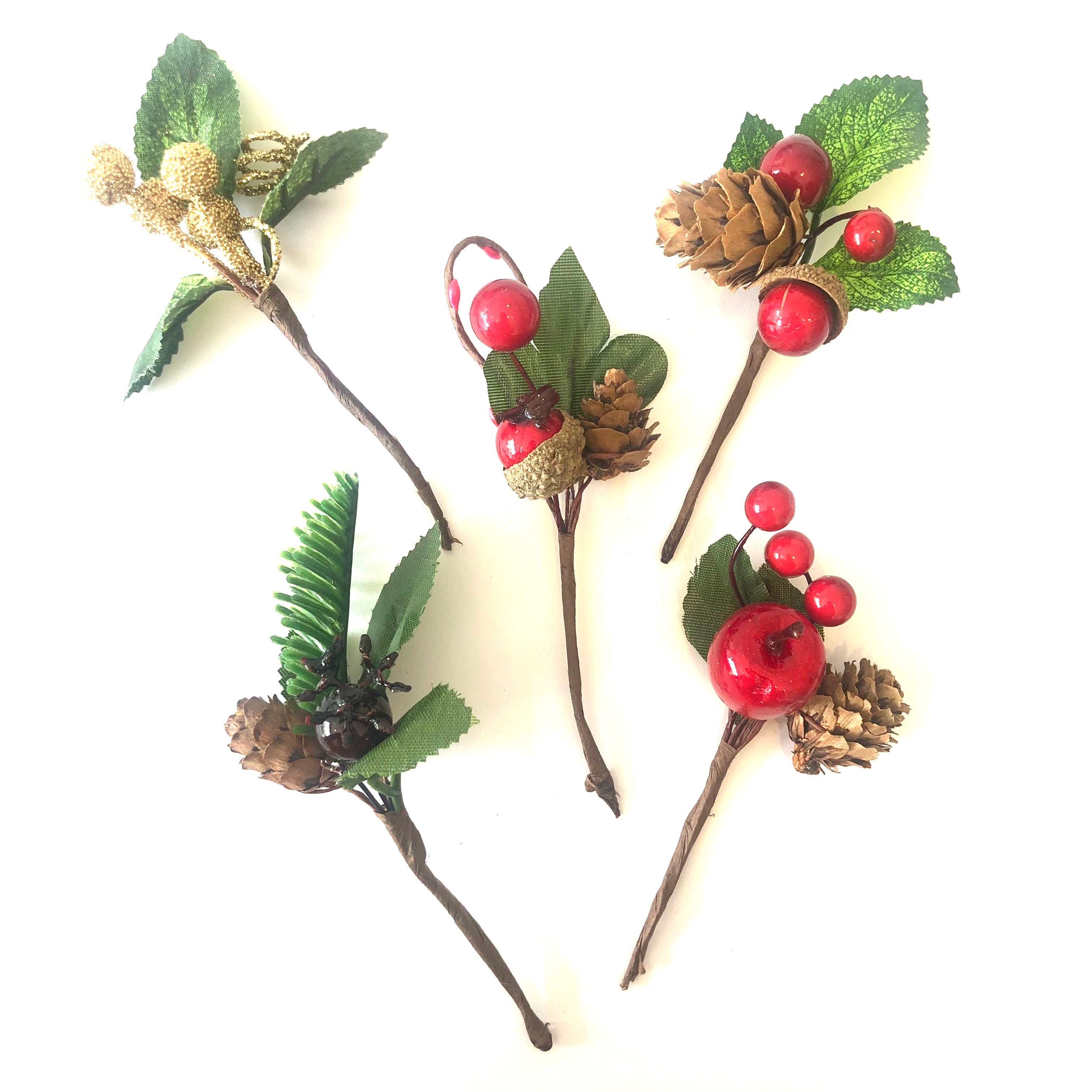 Christmas Berry Holly & Pine Cone Picks x 5 pcs