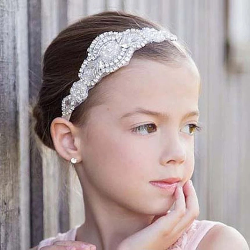 Sweet Crystal Appliqué Crown Baby Girls Christening / Baptism Nylon Headband - White (Style 6)