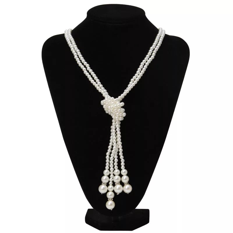 Great Gatsby 1920's Flapper DOUBLE Faux Pearl Knot Necklace - Ivory