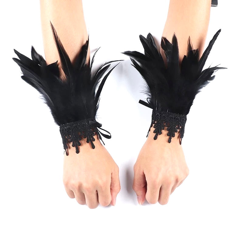 Gothic Victorian Cosplay Feather Wrist Cuffs - Black Lace