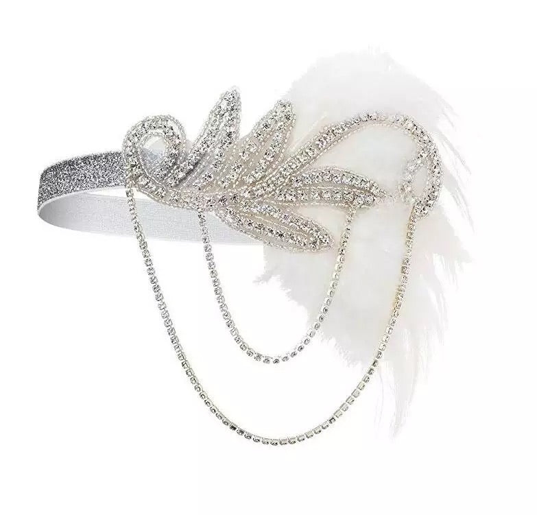 Great Gatsby 1920's Flapper Feather Headdress Fancy Dress - White (Style 18)