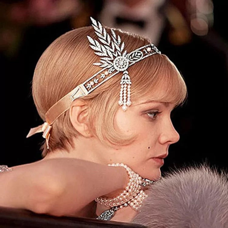 Great Gatsby 1920's Flapper Rhinestone & Pearl Headdress Fancy Dress - Silver (Style 1)