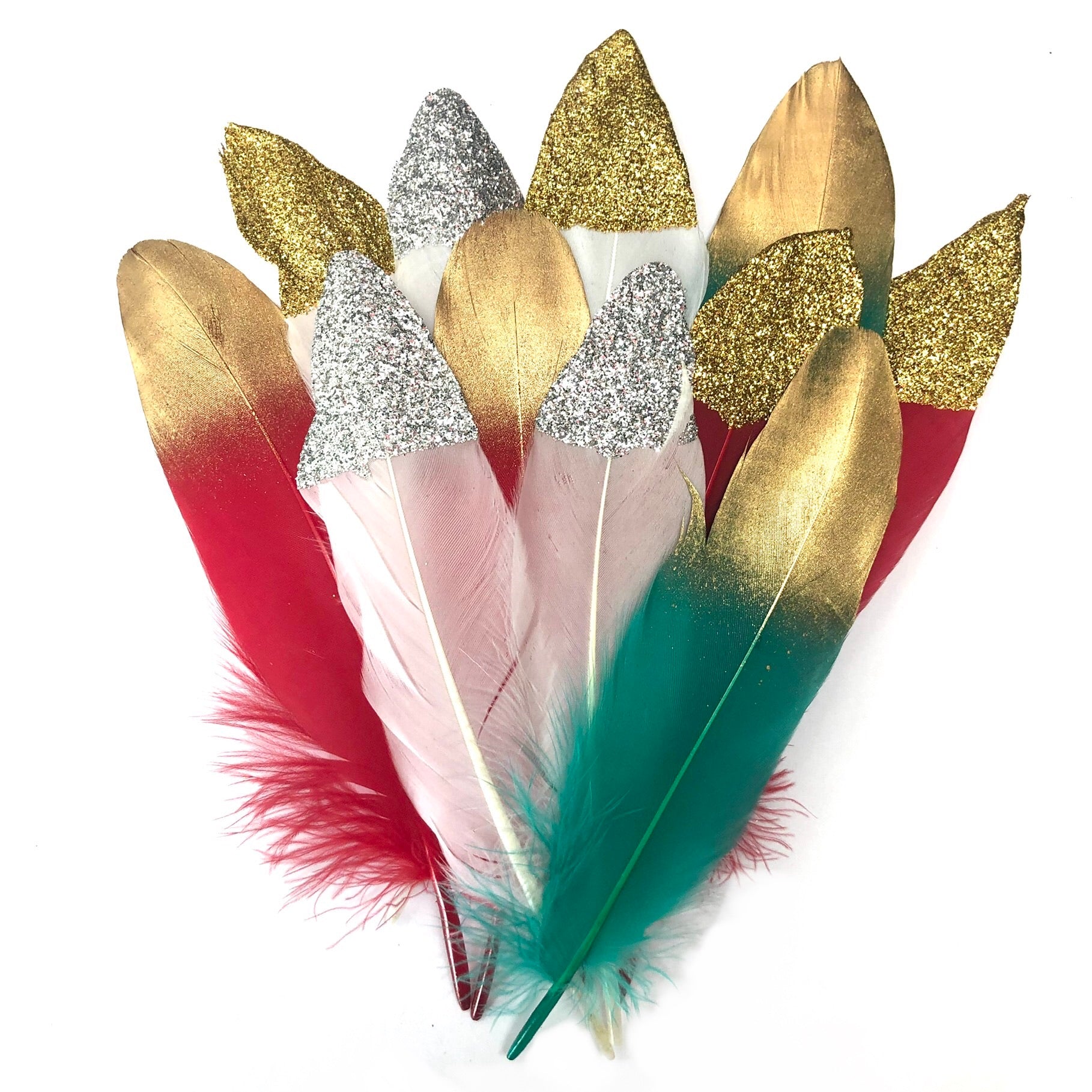 Goose Pointer Feathers Gold & Glitter Tipped x 10pcs - Festive Christmas Mix - Style 20