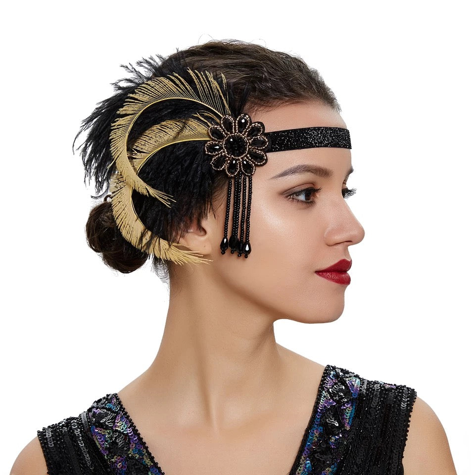 Great Gatsby 1920's Flapper Feather Headdress Fancy Dress - Black (Style 23)