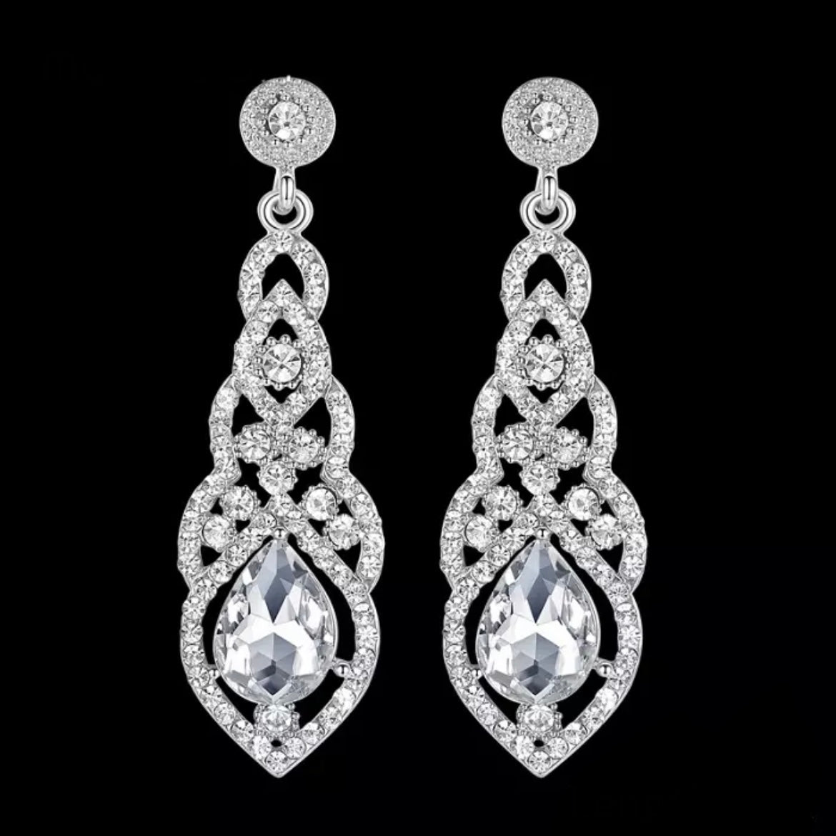 Great Gatsby 1920's Crystal Rhinestone Drop Earrings - Silver (Style 3)