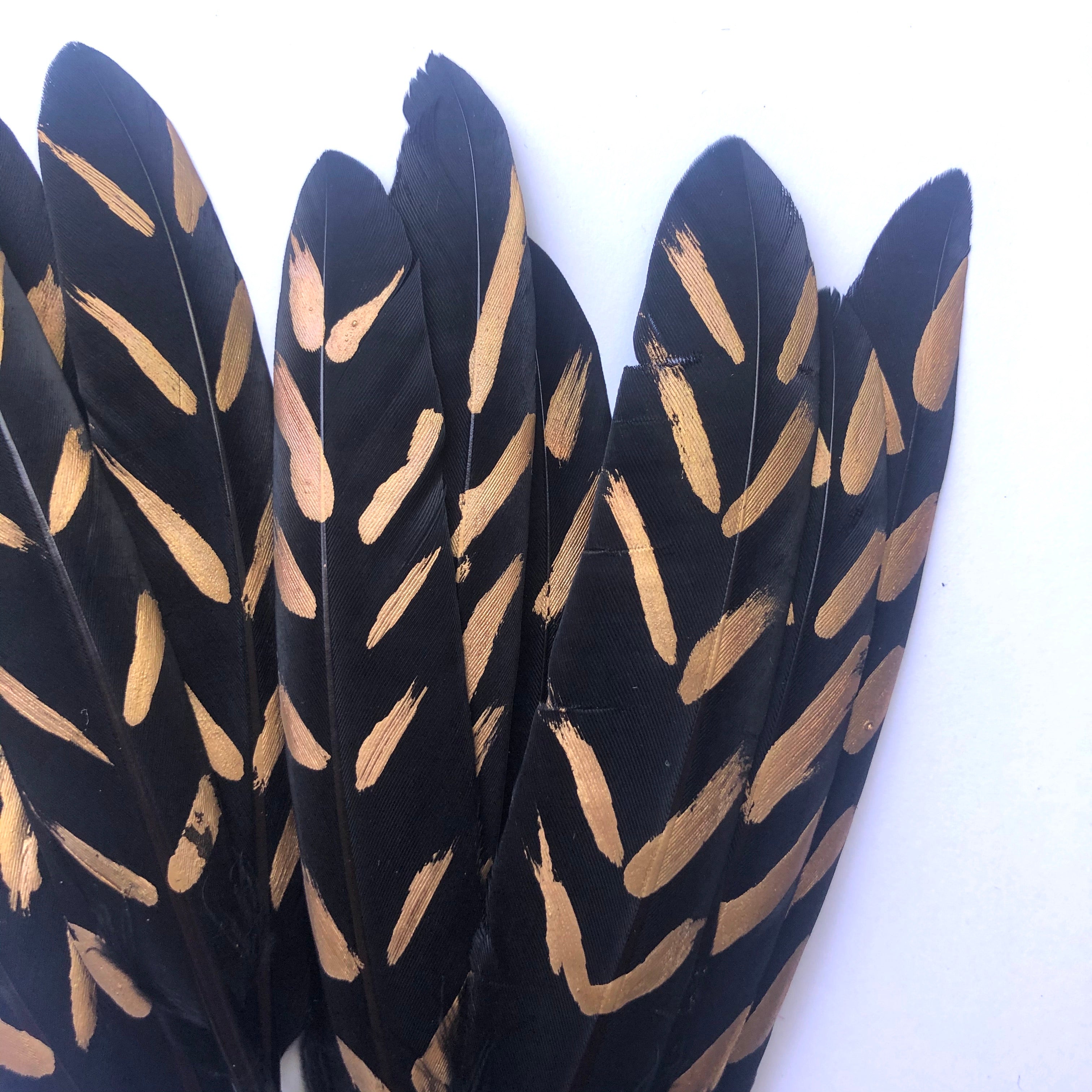 Tiny Goose Pointer Printed Black Feather Art Craft - Metallic Gold Stripe Style 7 x 10 pcs