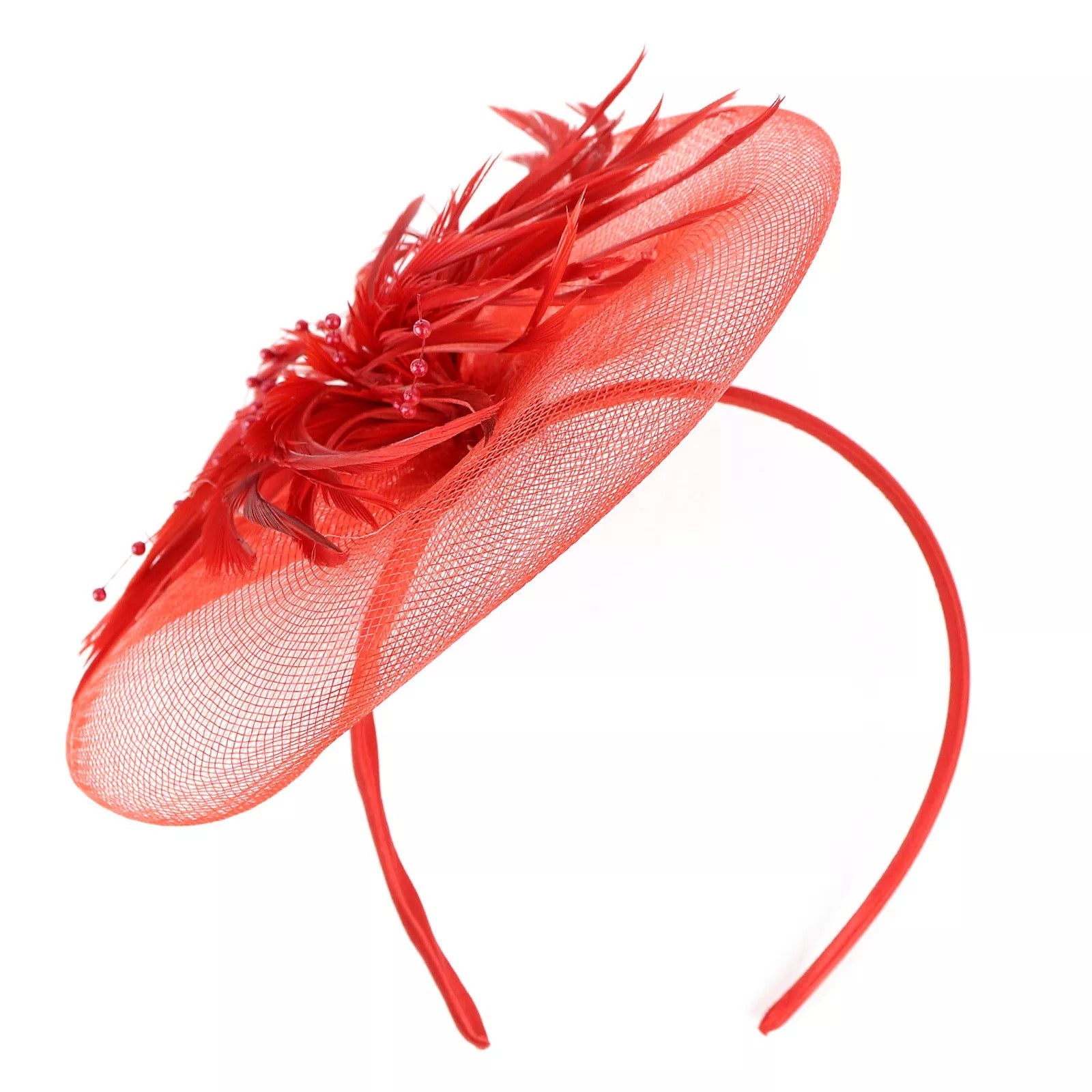 Crinoline and Feather Headband Fascinator - Red