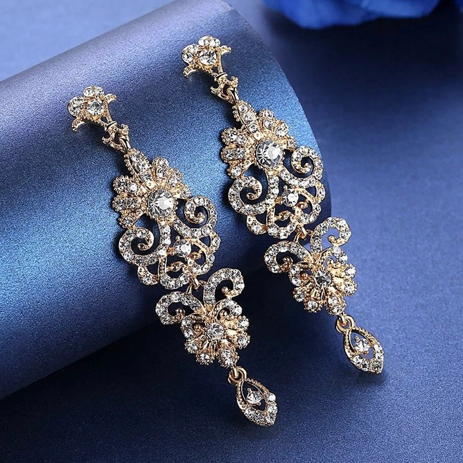 Great Gatsby 1920's Crystal Rhinestone Drop Earrings - Gold (Style 9)