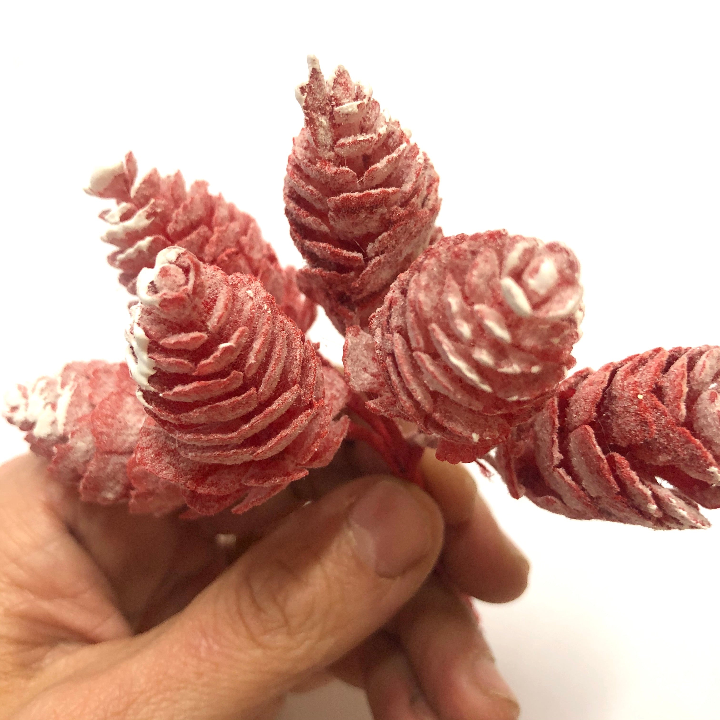 Artificial Christmas Pine Cones Wired Picks - Red Snow (Style 1)
