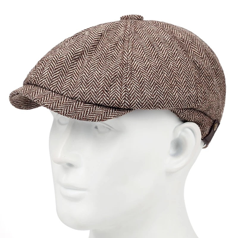 Great Gatsby 1920's Flapper Newsboy Men's Herringbone Flat Hat Cap - Brown